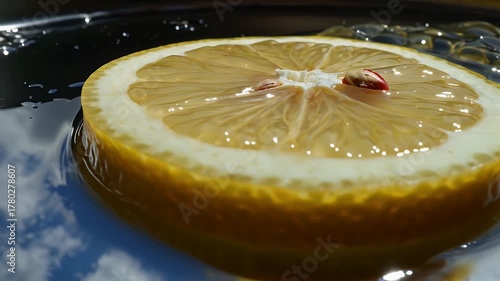 Vibrant Yellow Lemon Slice Resting On a Shimmering Mirror Water Surface Reflecting Sky