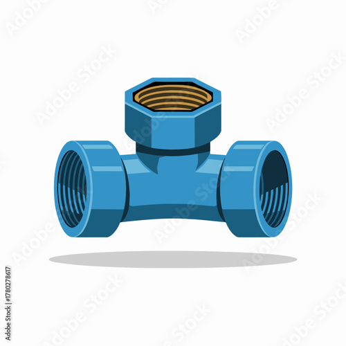 Blue Plastic Tee Plumbing Connector Illustration for Pipes and Water Systems Technical Drawing Style Isolated on White Background Engineering Design