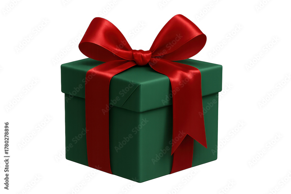 Obraz premium Green gift box wrapped with a shiny red satin ribbon and bow, representing surprises, presents, and cheerful occasions