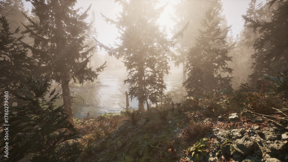 Obraz premium Soft sunlight shines through tall trees, illuminating a peaceful riverbank. The scene showcases the beauty of nature in the early morning, inviting tranquility and reflection.