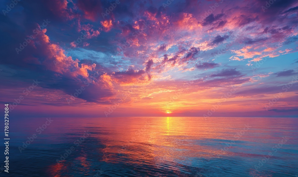 Obraz premium Ocean sunset reflects sky in pink and orange hues, with dramatic, colorful clouds above