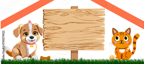 Flyer dog cat sitting on either side of the banner