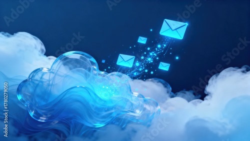 Digital clouds with floating email icons represent communication and technology in a vibrant blue atmosphere.