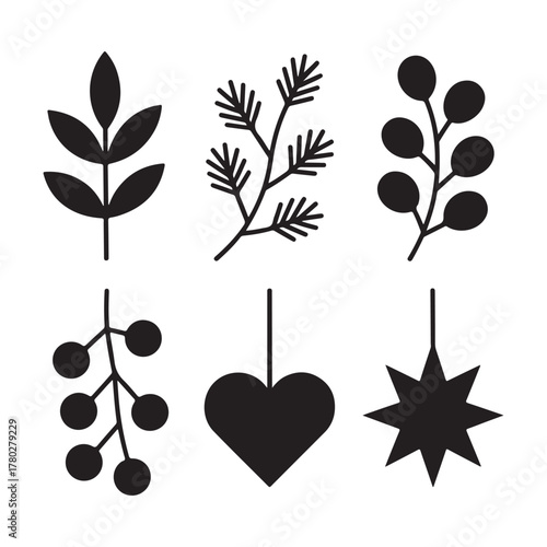 Black Silhouette Botanical Ornament Icon Set: Leaves, Berries, Heart, Star for Nature & Holiday Design
