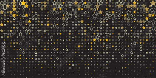 christmas gold stars confetti falling, holidays vector background. magic shining Flying stars on night sky and glitter dots cosmic backdrop, sparkle border.