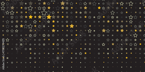christmas gold stars confetti falling, holidays vector background. magic shining Flying stars on night sky and glitter dots cosmic backdrop, sparkle border.