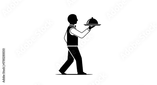 Waiter carrying covered dish with transparent background