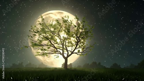 Moonlit solitary tree silhouetted against a giant glowing full moon in night sky