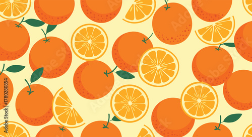 A cheerful and juicy seamless pattern of ripe whole oranges, orange slices, and wedges with green leaves scattered across a light yellow background.