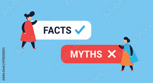 Two stylized people hold up signs distinguishing between facts and myths, with a checkmark for truth and an 'X' for falsehood.