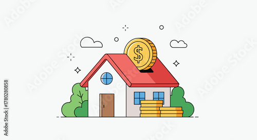 An illustrative depiction of a house functioning as a savings fund, with a dollar coin on the roof and money stacks, signifying home investment.