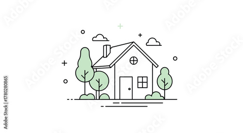 A minimalist line art illustration of a charming house nestled among green trees and bushes under a clear sky, depicting home and nature.