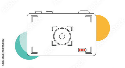 A minimalist line art illustration of a digital camera's screen with focus brackets, a battery icon, and abstract colored shapes.