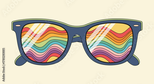 A stylized illustration of classic sunglasses with lenses reflecting wavy rainbow colors, set on a simple background.