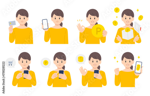 クレジットカードやスマホで買い物をする･ポイントを貯める若い女性のセット【人物ベクターイラスト素材】