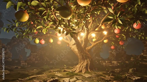 Moonlit Night Over Ancient Ruins Shrouded by Dense Forest and Rough Rocky Cliffs