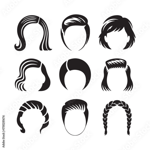 Black Silhouette Hairstyle Icon Set: Women's Hairdos, Bangs, Braids, Wigs for Fashion & Character Design