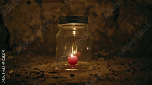 A Glowing Red Candle Enclosed in a Glass Jar Illuminates a Rough Stone Floor