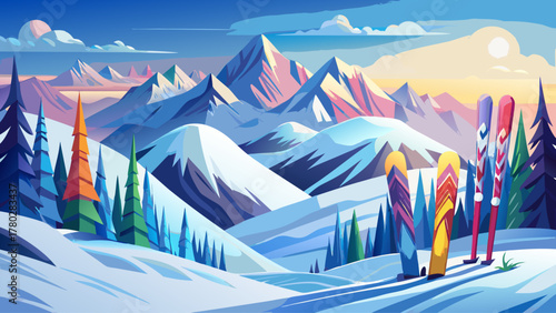 A peaceful winter mountain landscape with snow-covered peaks, colorful skis standing upright in deep snow, soft sunlight reflecting on icy slopes, evoking adventure