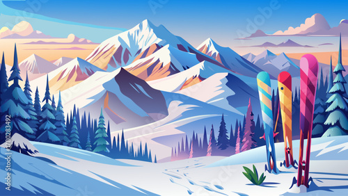 A peaceful winter mountain landscape with snow-covered peaks, colorful skis standing upright in deep snow, soft sunlight reflecting on icy slopes, evoking adventure