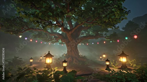 Enchanted Nighttime Forest Village Centered Around a colossal Glowing Tree with Lanterns