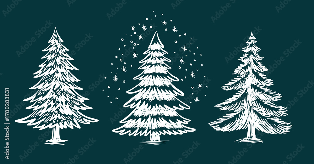 Obraz premium Christmas tree set on blue, hand drawn illustration 