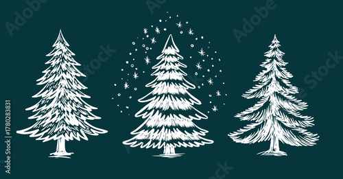 Christmas tree set on blue, hand drawn illustration	
