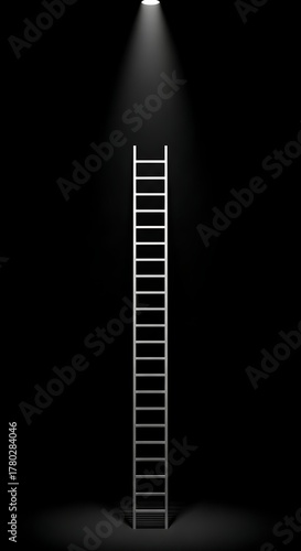 A solitary ladder stands tall in a dark room, illuminated by a single spotlight from above, symbolizing ambition and aspiration