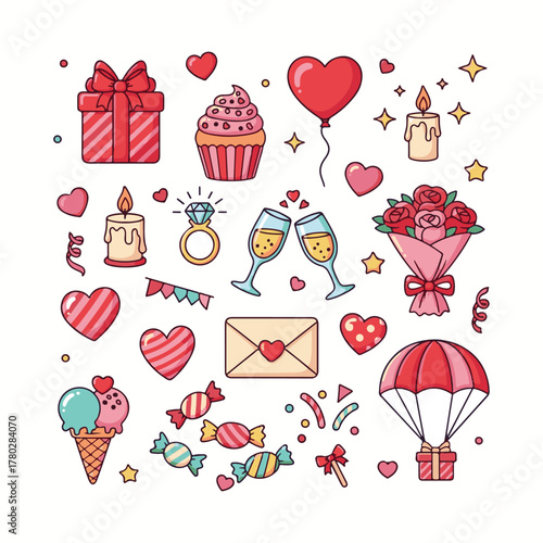 Hand drawn set of colorful cocktails for summer holidays and beach parties. Popular drinks in various glass types. Vector illustration of summer cocktails.