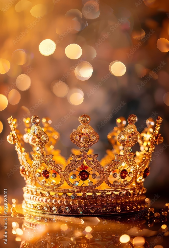 Obraz premium Golden crown resting on reflective surface with bokeh lights in the background close up shot luxury