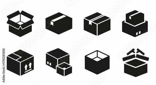 Black isometric icons of cardboard boxes symbolizing parcel delivery, e-commerce logistics, moving, and secure packaging services