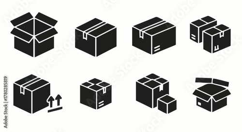 A versatile set of black glyph icons depicting isometric cardboard boxes for shipping, logistics, and packaging concepts