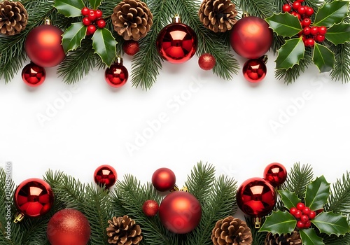 Classic Christmas border featuring vibrant red ornaments, berries, and natural pine cones on dark green fir branches against white space
