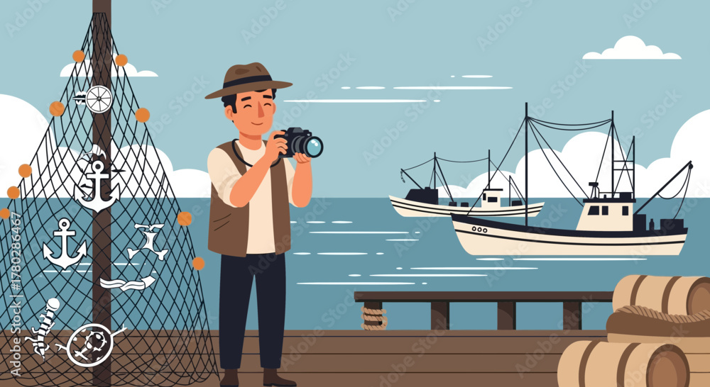 Fototapeta premium Coastal photography excursion showcasing a fisherman capturing boats at seaside