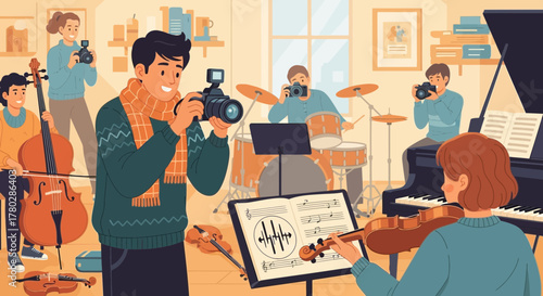 Capturing harmonious moments, a creative ensemble of musicians and photographers in a studio