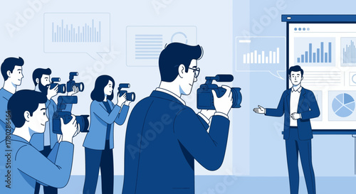 Press conference with the presentation of financial data, corporate illustration