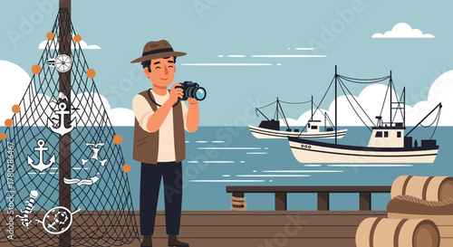 Coastal photography excursion showcasing a fisherman capturing boats at seaside