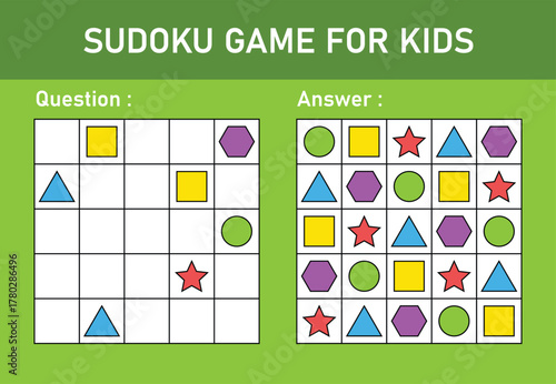 Sudoku game for children with pictures on green background. easy sudoku puzzle for kids with answers. puzzle with solution. brain training math game