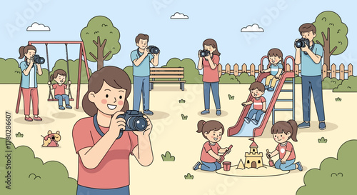Illustrative scene featuring families capturing moments in a vibrant playground setting