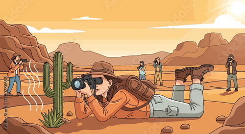 Desert expedition capturing moments: Photographers in a dry arid landscape