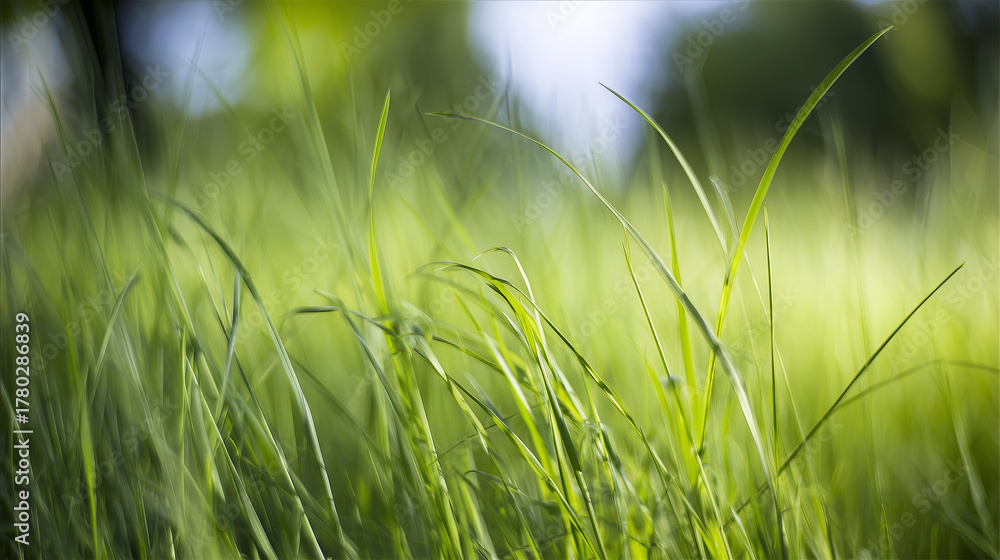 Obraz premium shallow. Fresh spring grass blades highlighted by sunlight with a soft, blurred effect. travel magazines, destination branding, designed for outdoor magazines and nature guides.