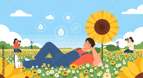 Relaxing day amidst sunflowers with people capturing the serene moment in nature