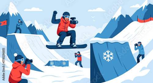 Snowboarder capturing action amidst mountains, filmed by photographers at winter