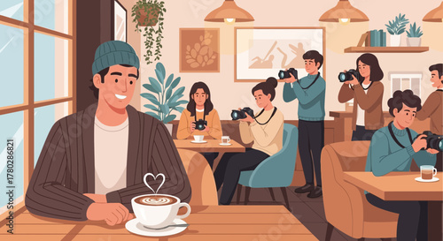 Cafe ambiance captures a moment of connection amidst digital creators and coffee lovers