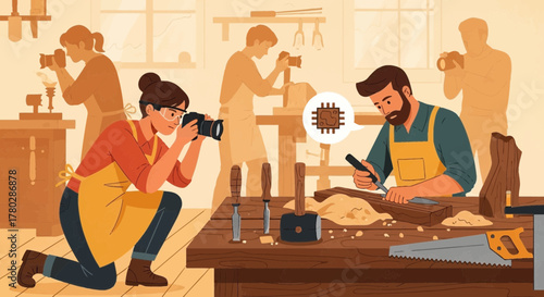 Woodworking craftsman integrating technology while captured by photographers