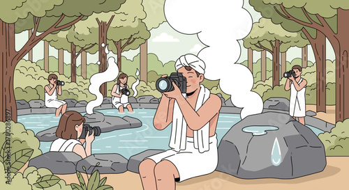 Travel photographers enjoying a natural hot spring in the midst of nature