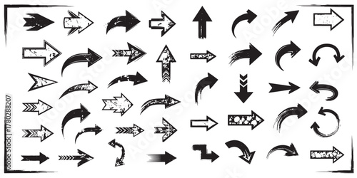 Assortment of graphic arrow symbols with a distressed, sketched appearance