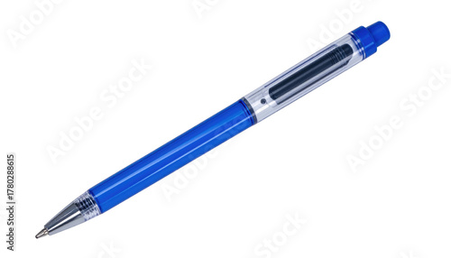 Blue ballpoint pen with transparent top and silver tip, on a black background at a slight angle
