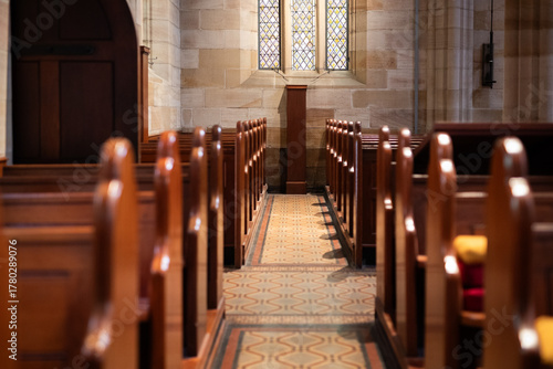 Peaceful Interior of a Historic Church Aisle
