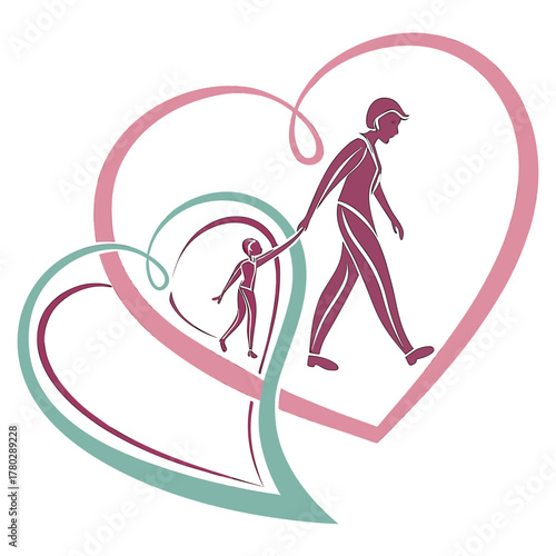 Silhouette of parent and child holding hands inside heart
